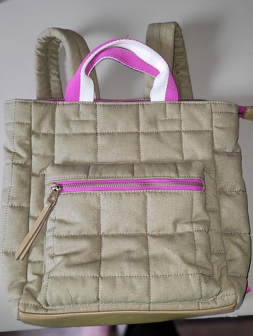 Universal Thread Paxton Mini Backpack Quilted Olive Tote  with Pink Accents.